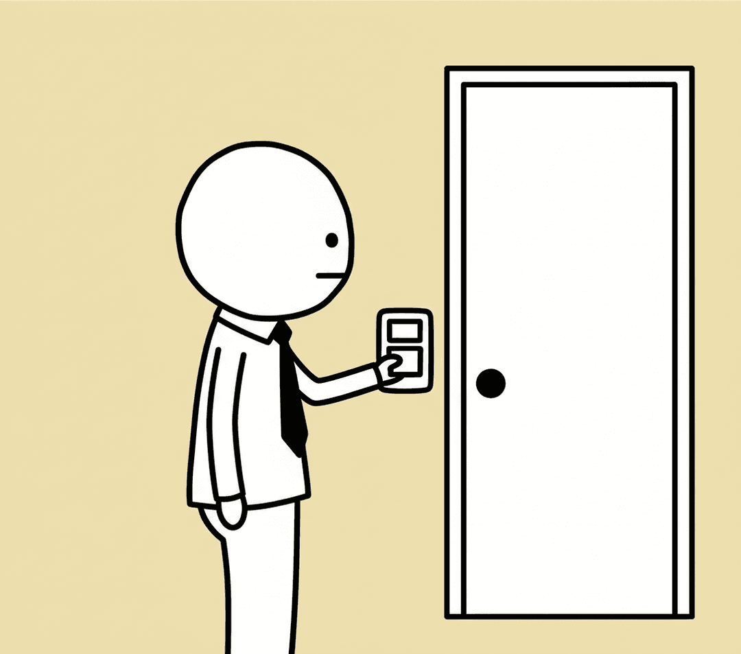 The associate presenting a badge to the reader by the door.