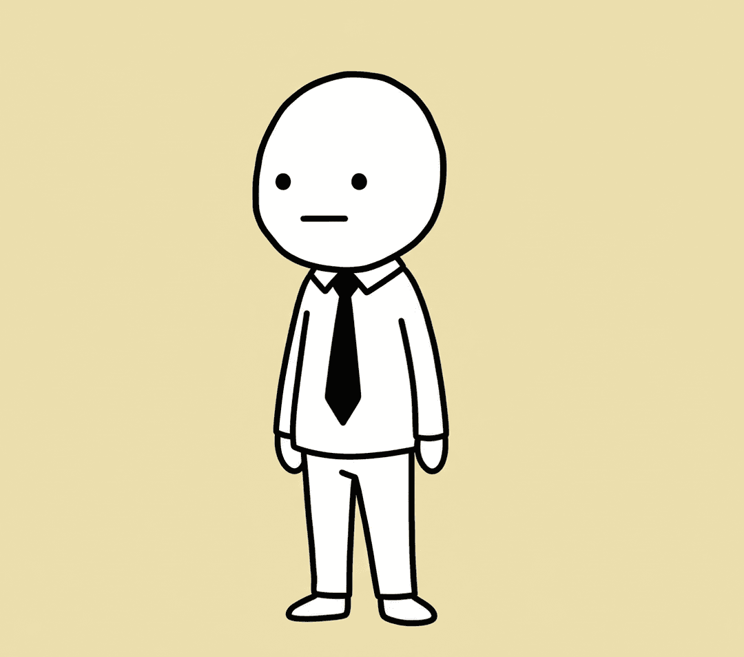 A retail associate. Blank expression. White shirt, black tie.